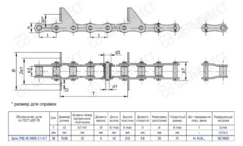 Technical drawing of a roller chain with dimensions and a specification table for model TRD-38-5600-2-1-6-T.