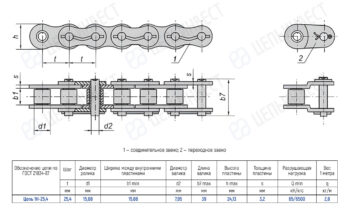 Engineering drawing of a roller chain showing top, side, and end views with dimensional labels and a specification table (Russian).