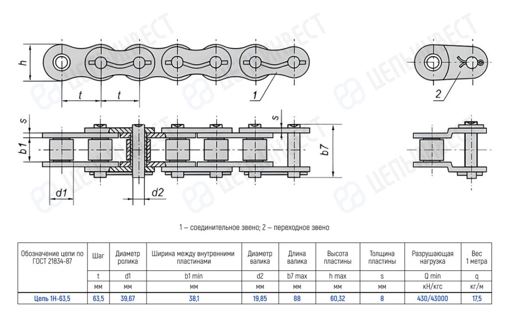 Technical drawing of a segmented roller chain with top, side, and end views and a dimension table listing pitches, diameters, and load ratings.