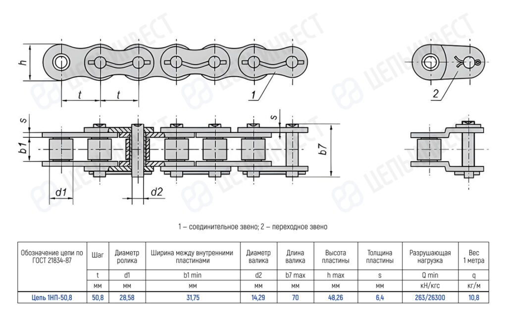 Technical drawing of a roller chain with dimensioned views and a spec table (pitch t, inner width b1, roller diameter d1, plate height h, etc.).