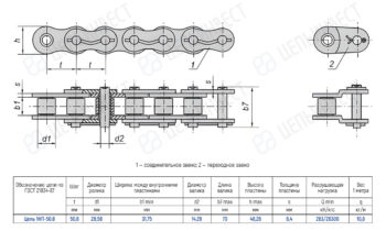 Technical drawing of a roller chain with dimensioned views and a spec table (pitch t, inner width b1, roller diameter d1, plate height h, etc.).