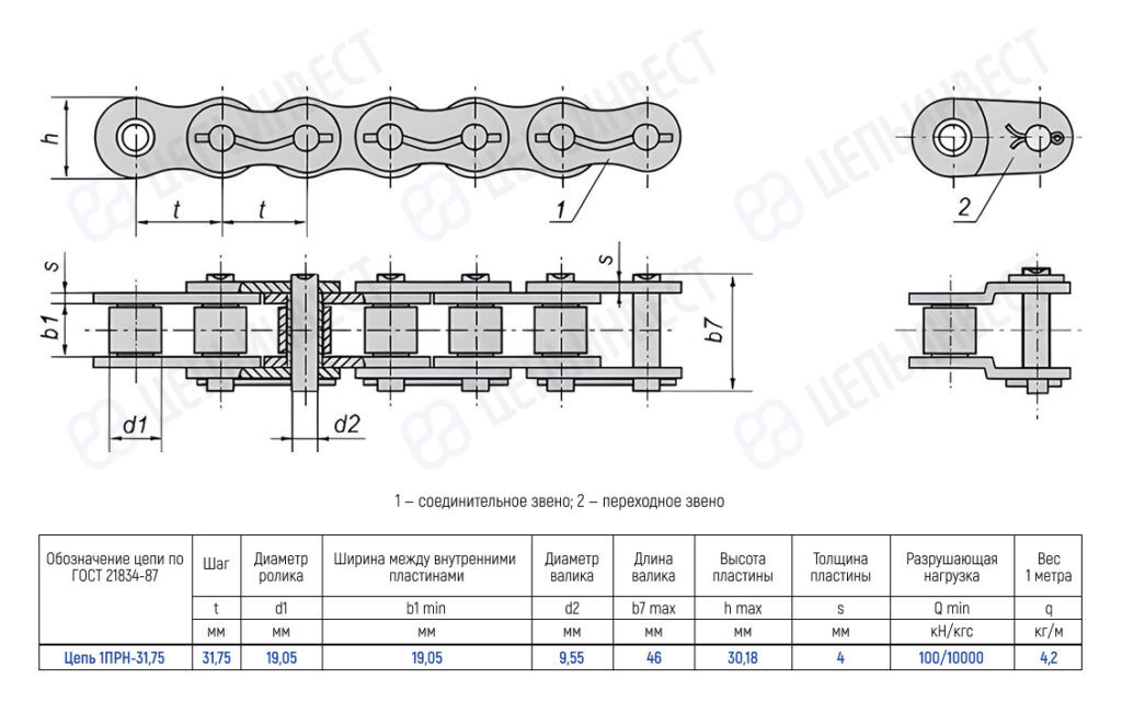 Technical drawing of a roller chain with top and side views, showing dimensions (pitch t, roller d1, plate width b1) and a specification table.