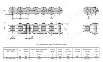 Technical drawing of a roller chain with top and side views, showing dimensions (pitch t, roller d1, plate width b1) and a specification table.