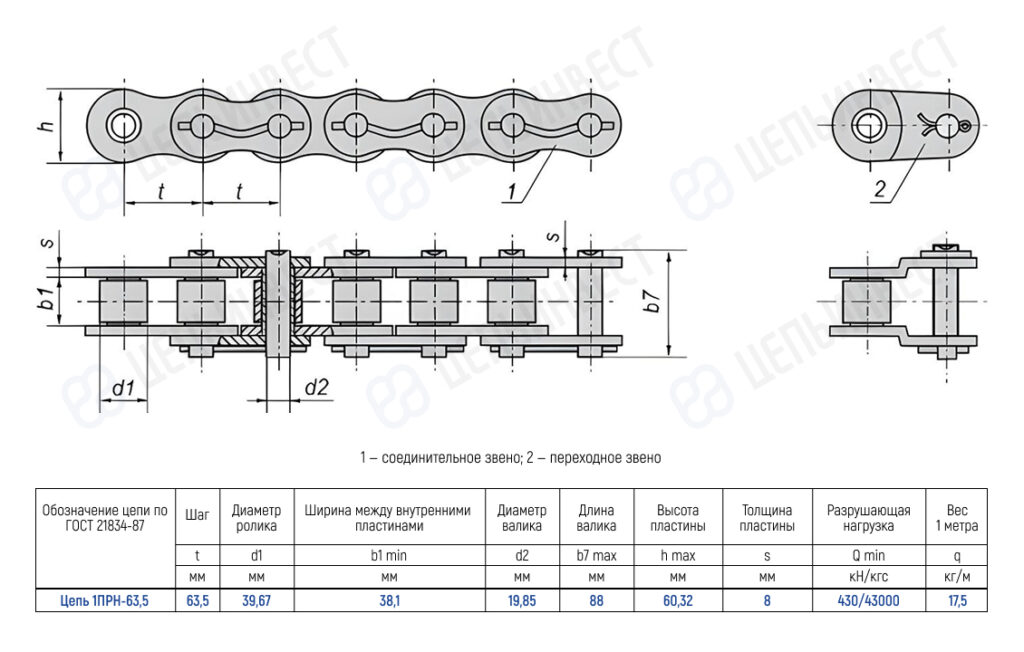 Technical drawing of a roller chain with top, side, and end views and a specification table (ГОСТ 21834-87); shows chain pitch, roller and plate dimensions, and weight per meter.