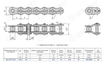 Technical drawing of a roller chain with top and side views, showing multiple dimensions (t, d1, d2, b7, h, s) and a dimensions table below.