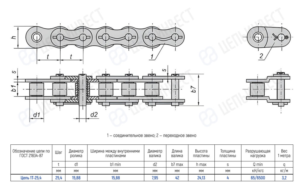 Technical drawing of a chain with top and side views, showing dimensions (t, d1, d2, h, s) and a table of specs for a chain corrosion/roller link, including connecting and transition links (1 and 2).