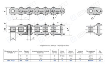 Technical drawing of a chain with top and side views, showing dimensions (t, d1, d2, h, s) and a table of specs for a chain corrosion/roller link, including connecting and transition links (1 and 2).