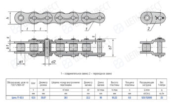 Technical drawing of a roller chain with two link types, showing top and side views and a Russian dimensions/specs table.