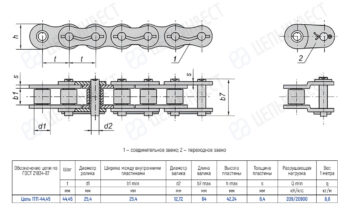 Technical drawing of a roller chain with multiple views and a dimensions table showing pitch, diameters, and plate sizes.