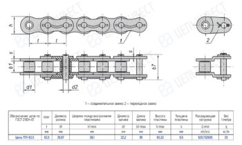 Technical drawing of a roller chain with side and top views, showing two-link connectors and labeled dimensions (t, d1, d2, h, s) and a Russian specification table.