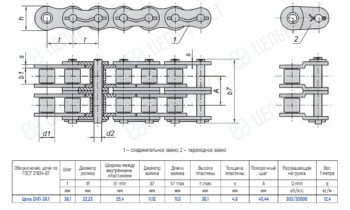 Technical drawing of a multi-link conveyor chain with top and side views, dimension lines and a specifications table (pitch, roller diameter, inner width, link length, plate height/thickness, cross step, load, weight).