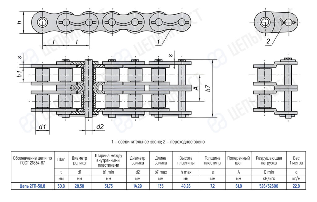 Engineering drawing of a multi-link chain with top, side, and cross-section views plus a dimensioned parts table (Russian ГОСТ 21834-87).