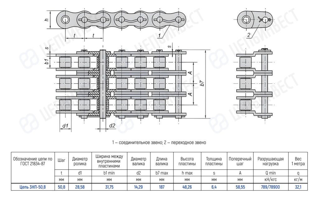 Technical drawing of a roller chain with top, side, and end views, showing links and a dimensional table.