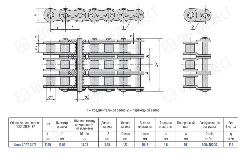 Engineering drawing of a roller chain assembly with side and end views, showing link spacing, plate widths, and a specification table.
