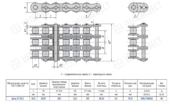 Engineering drawing of a chain conveyor segment: top, side, and end views with detailed dimensions and a specification table in Russian.