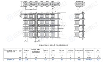 Technical drawing of a conveyor chain with interconnected links, top and side views, plus a dimensions/specification table. (ГОСТ 21834-87)