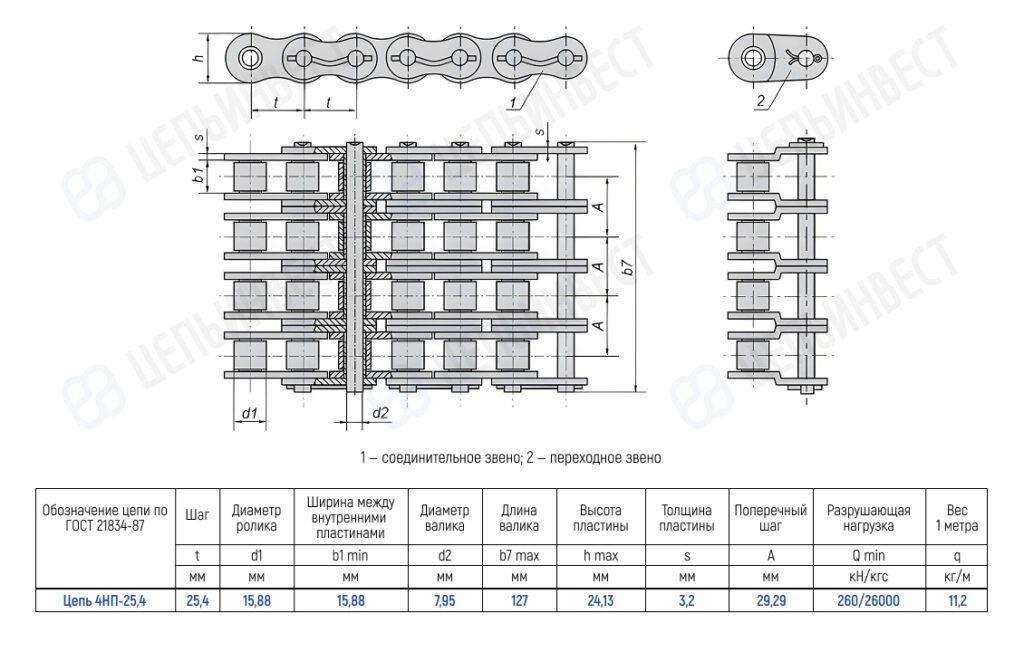 Engineering drawing of a roller chain with top, side, and end views and a Russian specification table for chain 4HP-25,4.