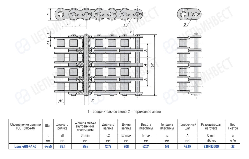 Technical drawing of a roller chain with top and side views and a dimension table (ГОСТ 21834-87).