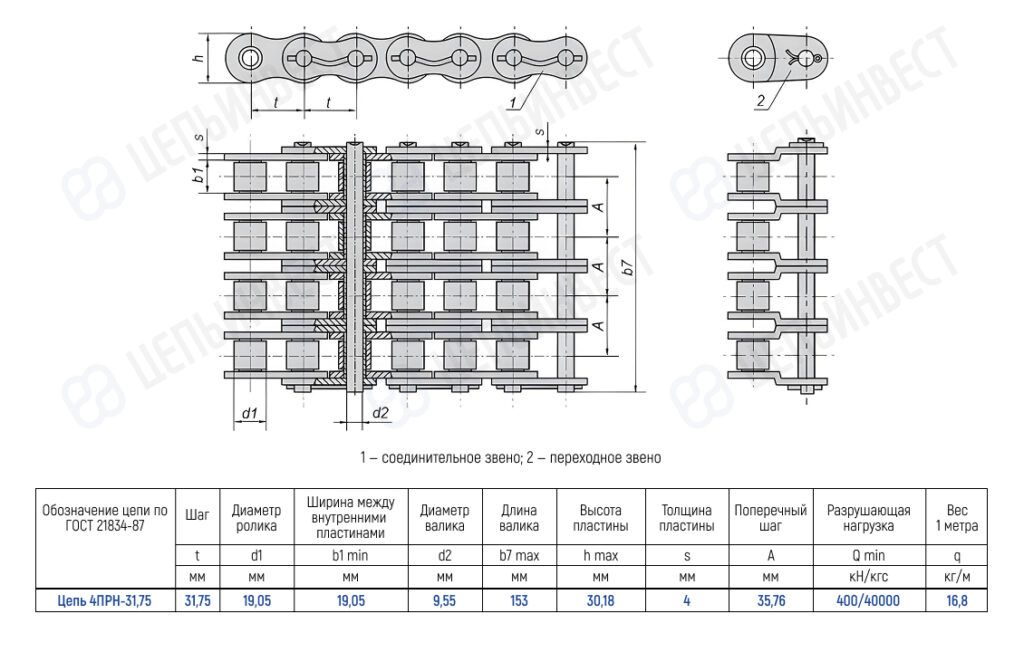 Technical drawing of a multi-link conveyor chain with top and side views and a dimension table in Russian, for chain 4PN-31.75 per GOST 21834-87.