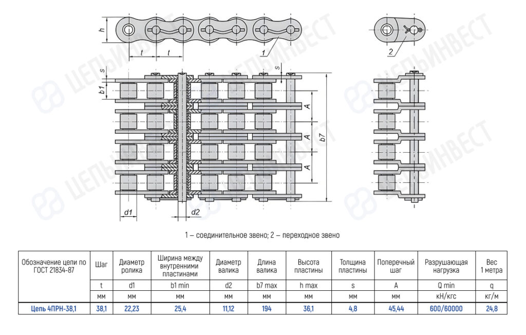 Technical drawing of a roller chain with connecting and passing links, showing top view, side views, and a dimension table.