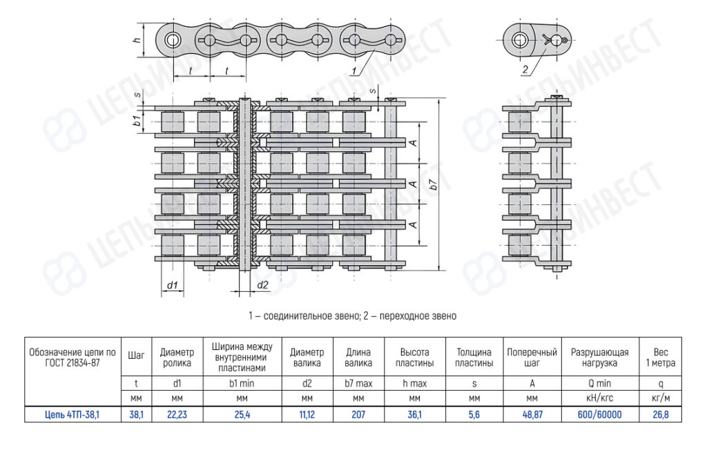 Orthographic drawings of a roller chain: top, side views, and a parts table with dimensions in the lower area.