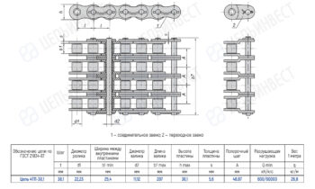 Orthographic drawings of a roller chain: top, side views, and a parts table with dimensions in the lower area.