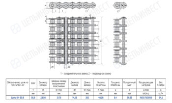 Engineering drawing of a roller chain with connecting and transition links, showing front, side, and top views and a dimension table for ГОСТ 21834-87 chain 6Н-50,8.