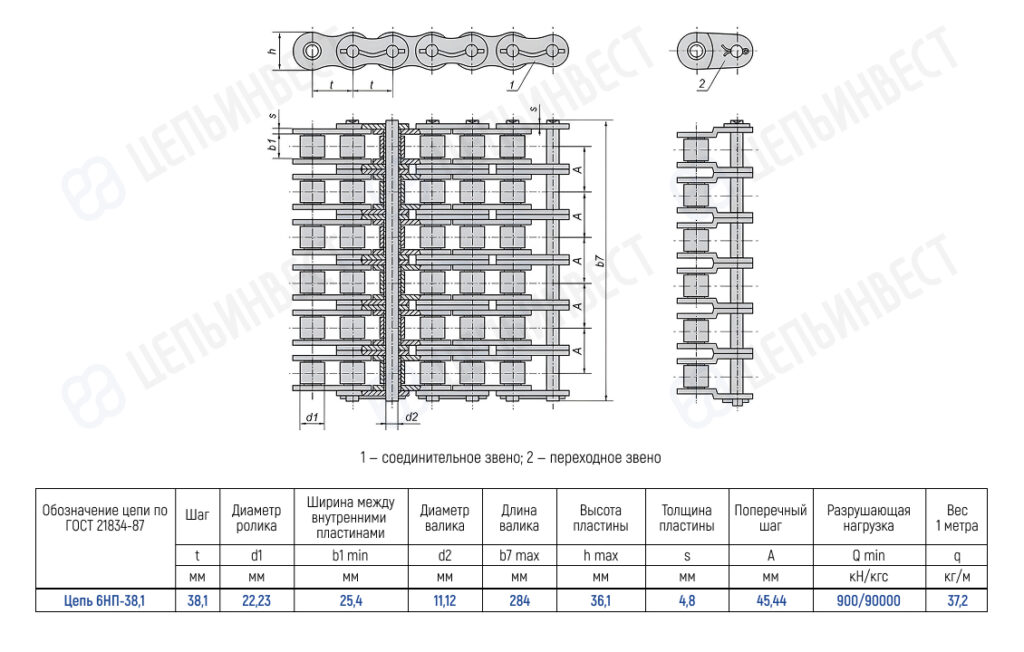Engineering drawing of a multi-link chain with top, side, and end views and a dimensions table in Russian for chain БНП-38, showing pitch, roller diameter and plate sizes.