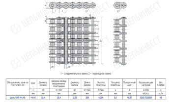 Engineering drawing of a roller chain with side and end views and a dimensioned specification table.