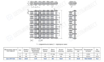 Engineering drawing of a multi-link conveyor chain with top, side, and end views and a dimension table in Russian to specify measurements and loads.
