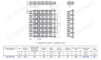 Technical drawing of a conveyor chain with connecting and transition links, including top and side views and a parameter table.