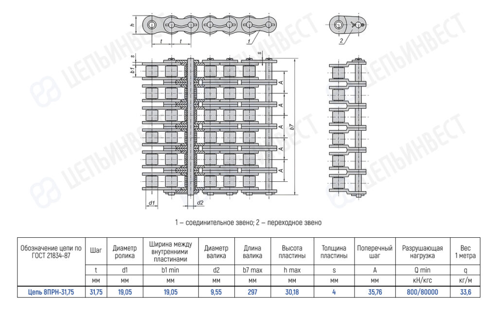 Technical drawing of a roller chain conveyor with top, side, and end views and a Russian specifications table detailing chain dimensions and load ratings.