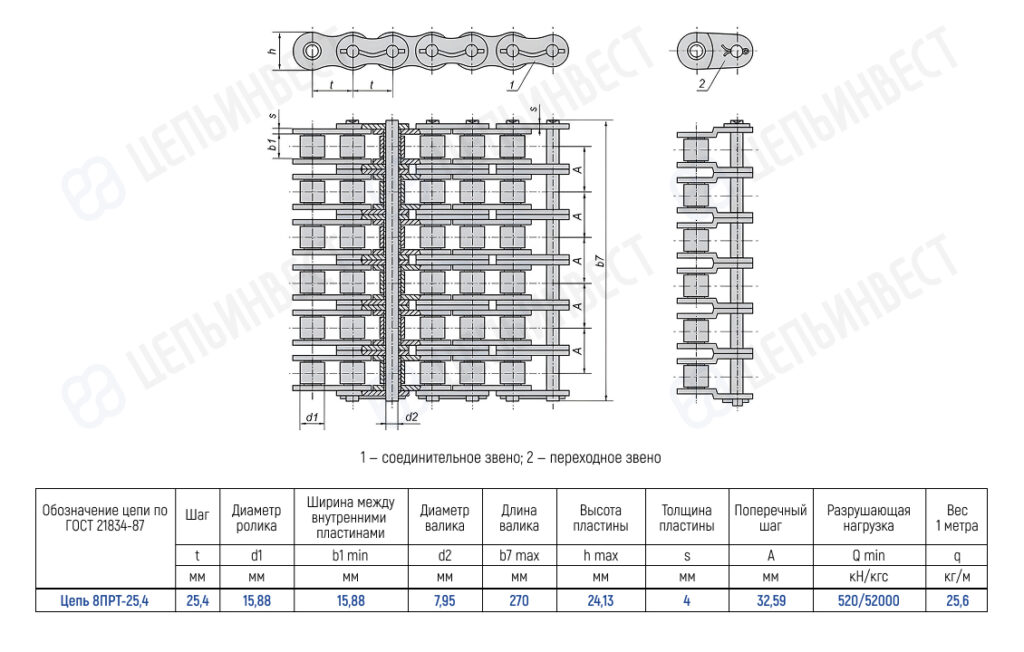 Technical drawing of a roller chain with top and side views and a dimensions table detailing pitch, roller diameter, plate width, and overall dimensions.